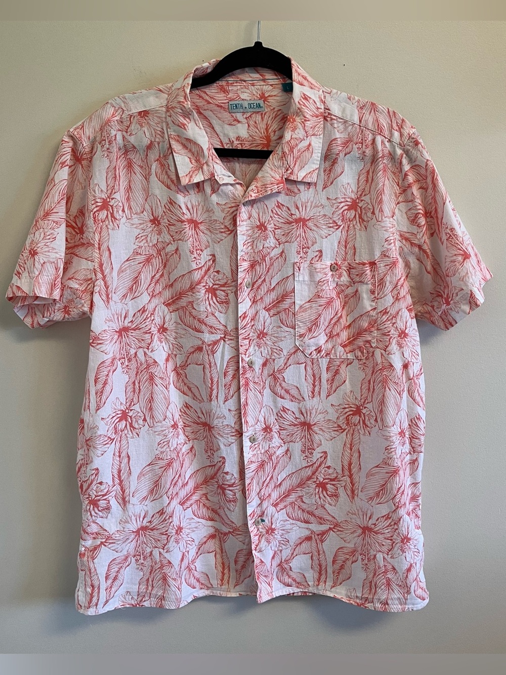 Tenth + Ocean Hawaiian Men’s L White/Coral Tropical Short Sleeve Linen Cotton